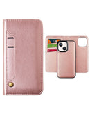 Encuentra la funda magnética de cuero original para iPhone 14 Plus/15 Plus en Guatemala con ranura para tarjeta de crédito en color rosa dorado.