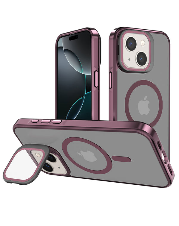 Encuentra en Guatemala funda transparente con soporte y carga inalámbrica para iPhone 15 en color rojo en SlowBack, mayorista de accesorios para celulares.