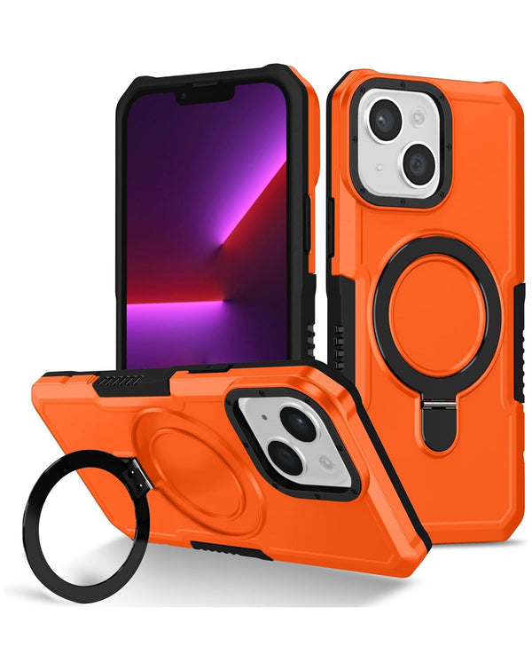 Funda rígida antigolpes con soporte de anillo para iPhone 15 en color naranja disponible en Guatemala.