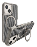 Encuentra en Guatemala el mejor case de fibra de carbono magnético con soporte para iPhone 15 en color gris.