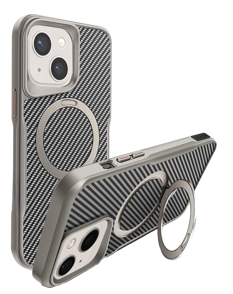 Encuentra en Guatemala el mejor case de fibra de carbono magnético con soporte para iPhone 15 en color gris.