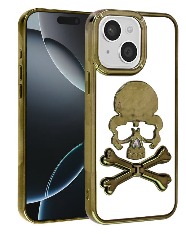 Encuentra la tapa trasera con diseño Skull transparente en color GOLD para iPhone 15 en Guatemala.