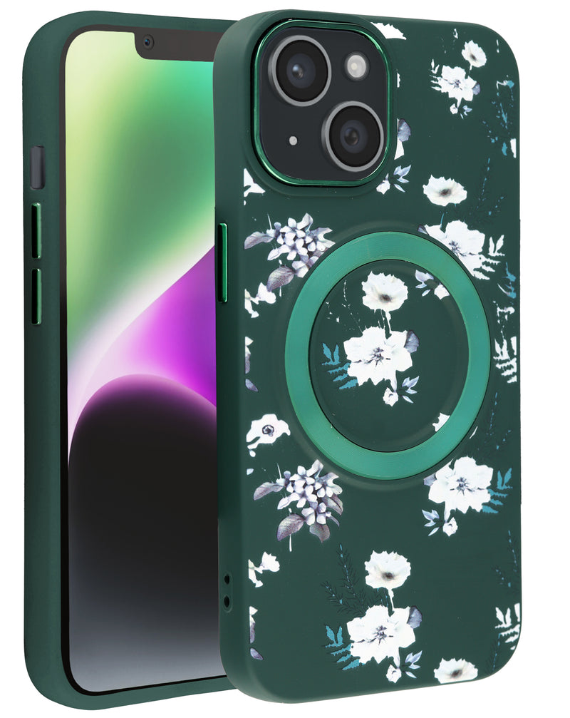 Encuentra la funda de carga inalámbrica Flower Design para iPhone 15 en color DARK GREEN en Guatemala con envío a nivel nacional.