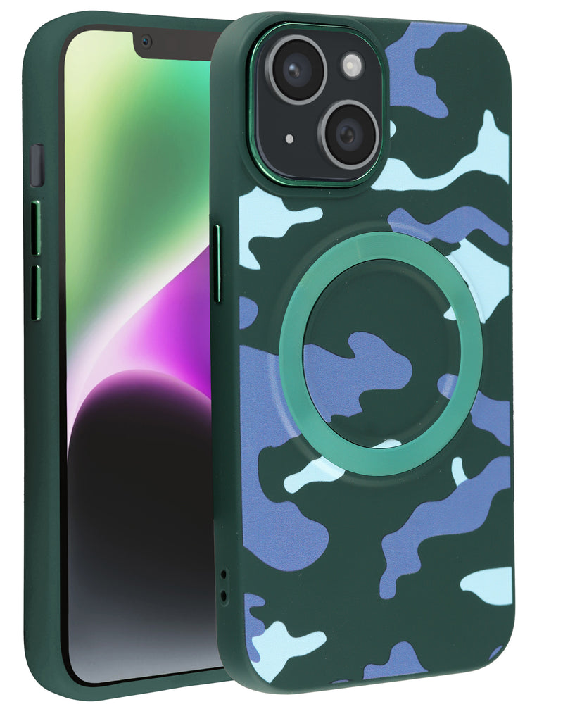 Encuentra la funda de carga inalámbrica con diseño camuflado para iPhone 15 en Guatemala, ideal para proteger y cargar tu dispositivo de forma simultánea.