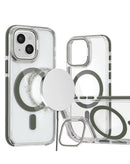 Funda clara magnética delgada con soporte para cámara, ideal para proteger tu iPhone 15 en Guatemala.