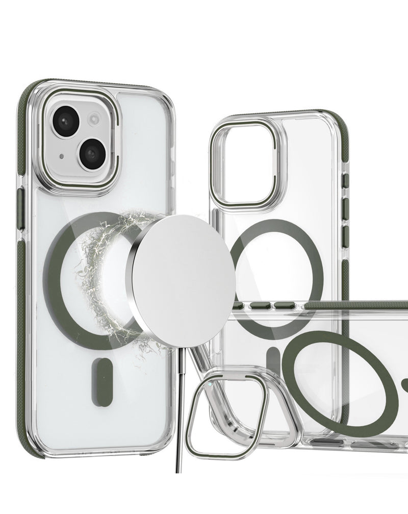 Funda clara magnética delgada con soporte para cámara, ideal para proteger tu iPhone 15 en Guatemala.