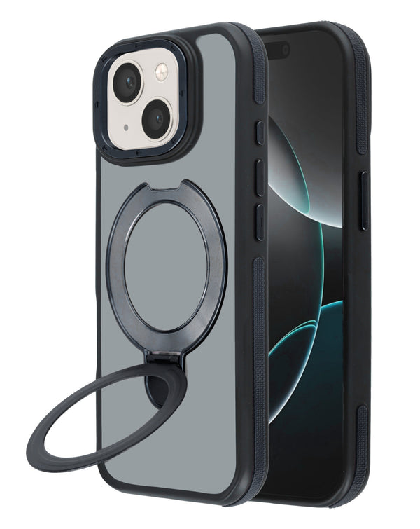 Funda transparente mate con carga inalambrica y soporte iPhone 15 Plus (Negro)