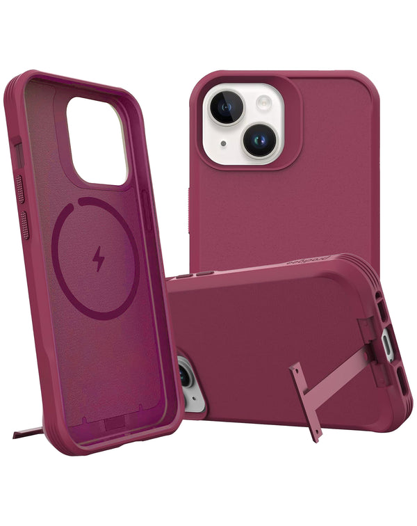 Funda de silicona con cargador inalámbrico y soporte metálico para iPhone 15 Pro en color rojo en Guatemala.