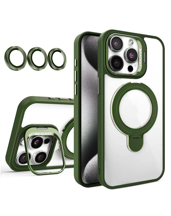 Encuentra la mejor funda transparente magnética con kickstand y lente de cámara para iPhone 15 Pro en Guatemala.