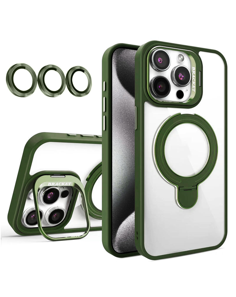 Encuentra la mejor funda transparente magnética con kickstand y lente de cámara para iPhone 15 Pro en Guatemala.