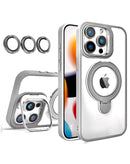 Funda magnética transparente con soportes y lente de cámara para iPhone 15 Pro en Guatemala.