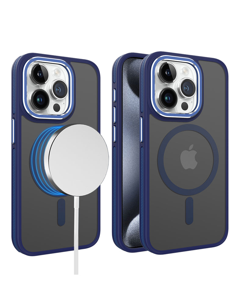 Compra en Guatemala el mejor case slim antideslizante traslúcido mate con carga inalámbrica para iPhone 15 Pro en color azul.