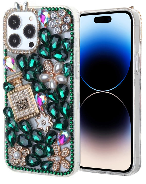 Encuentra la funda de silicona dura Crystal Flower Perfume Verde para iPhone 15 Pro en Guatemala, al mejor precio y calidad.