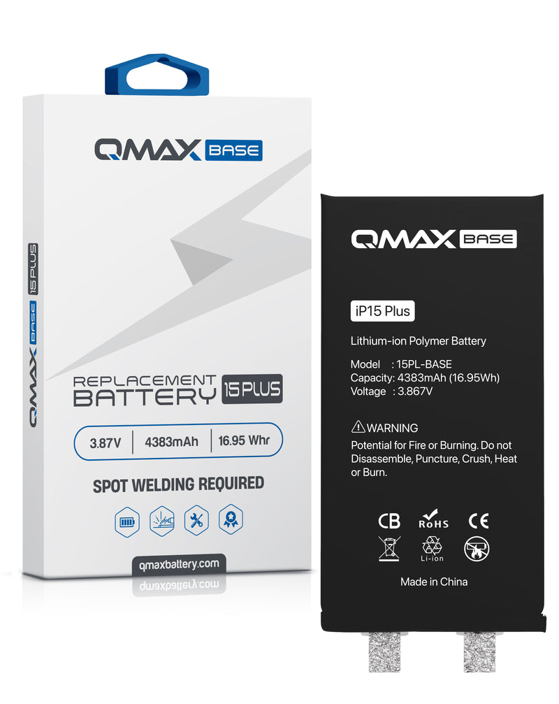 Reparación de batería para iPhone 15 Plus con batería QMAX y soldadura por puntos en Guatemala.