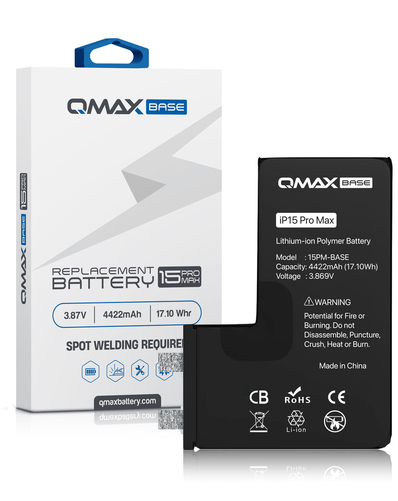 Reparación de batería iPhone 15 Pro Max en Guatemala con la batería QMAX y soldadura por puntos.