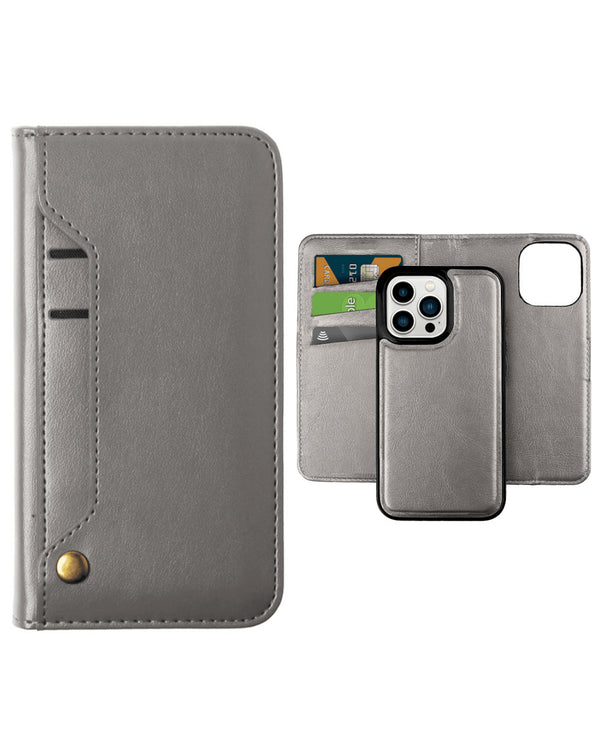 Encuentra la funda de cuero magnética original para iPhone 15 Pro Max en Guatemala con ranura para tarjeta de crédito en color gris, ideal para proteger tu dispositivo con estilo.
