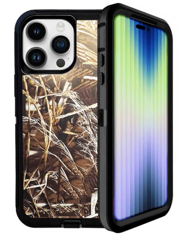 Protector resistente camuflaje negro para iPhone 15 Pro Max en Guatemala, ideal para proteger tu dispositivo en talleres y mayoristas de accesorios telefónicos.