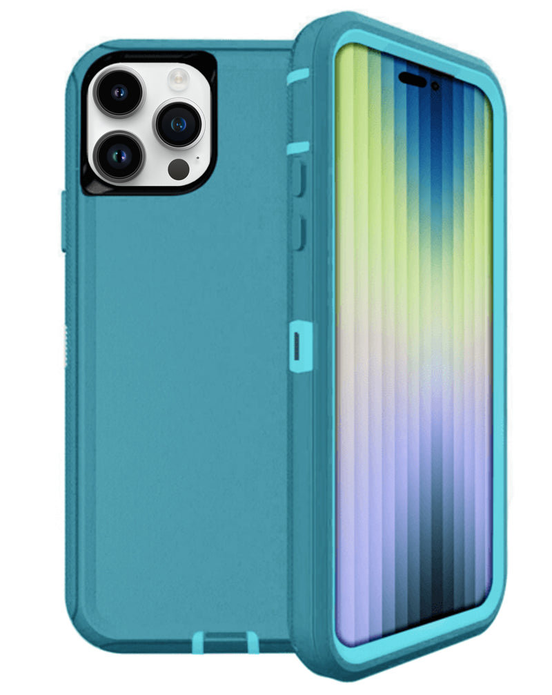 Encuentra la mejor funda Heavy Duty para iPhone 15 Pro Max en Guatemala, disponible en color teal.