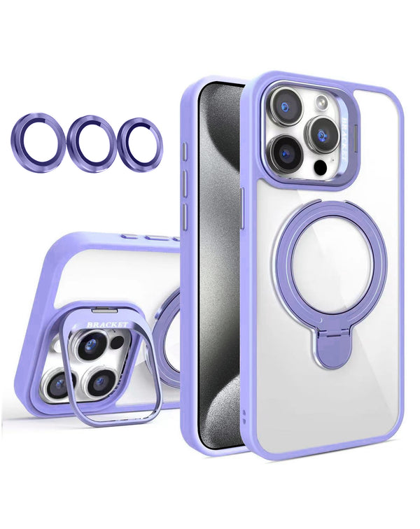 Encuentra la mejor funda transparente magnética con 2 kickstand y lente de cámara para iPhone 15 Pro Max en Guatemala.