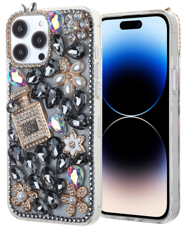 Protector de silicona negro con diseño de flores cristalinas para iPhone 15 Pro Max en Guatemala, ideal para mayoristas de accesorios de teléfono.