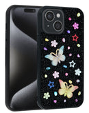 Estuche de Mariposa con Brillo y Diamantes de Imitación en Color Negro para iPhone 14 Plus / 15 Plus, accesorio móvil en Guatemala.