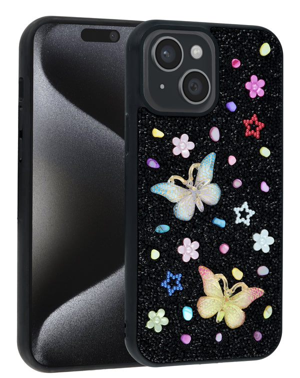 Estuche de Mariposa con Brillo y Diamantes de Imitación en Color Negro para iPhone 14 Plus / 15 Plus, accesorio móvil en Guatemala.