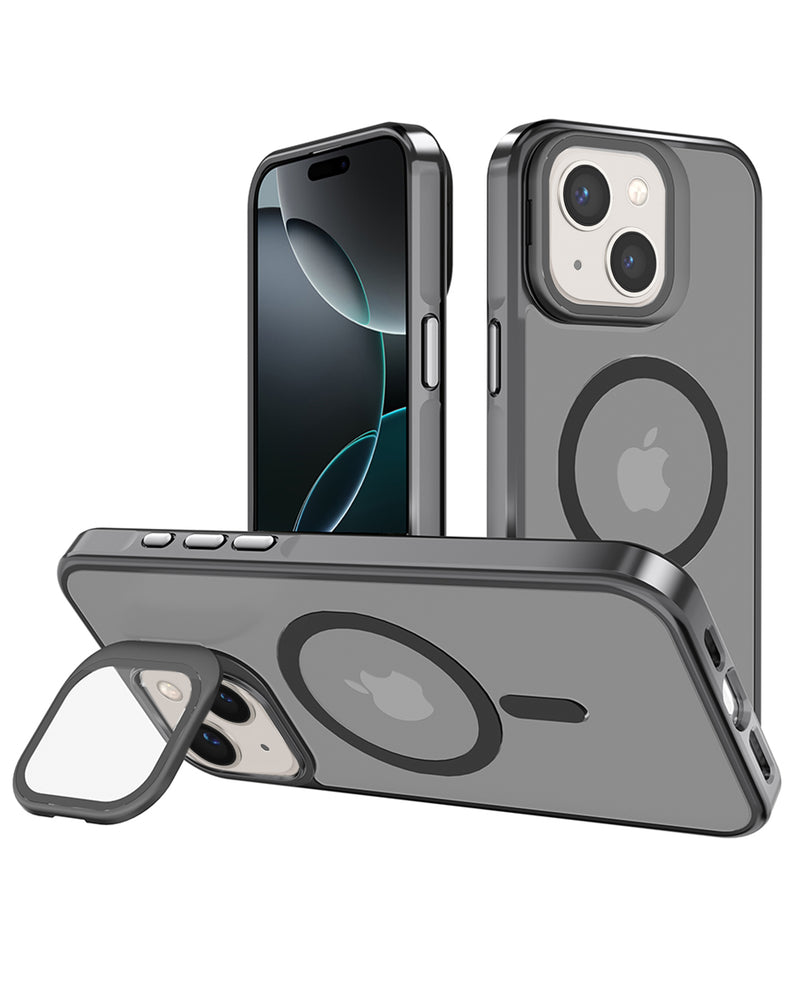 Funda transparente con soporte para cámara y carga inalámbrica para iPhone 14 Plus / 15 Plus en Guatemala.