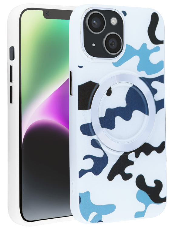 Encuentra la funda de carga inalámbrica con diseño de camuflaje para iPhone 14 Plus / 15 Plus en Guatemala, disponible en color blanco.