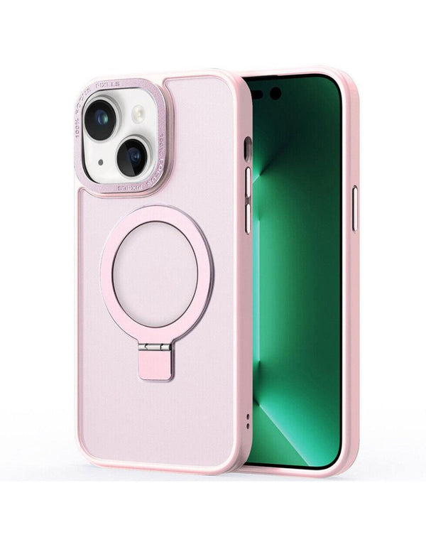 Encuentra la mejor funda de carga inalámbrica de carbono para iPhone 14 Plus/15 Plus en Guatemala con soporte de anillo en tono rosa en SlowBack, mayorista de accesorios para dispositivos Apple.