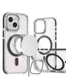 Encuentra la funda transparente magnética delgada con soporte para cámara en negro para iPhone 14 Plus / 15 Plus en Guatemala.