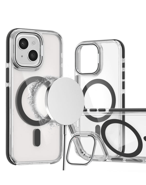 Encuentra la funda transparente magnética delgada con soporte para cámara en negro para iPhone 14 Plus / 15 Plus en Guatemala.