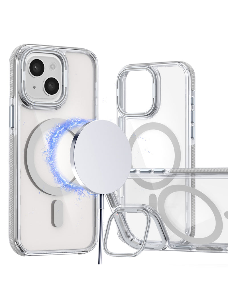 Encuentra fundas transparentes magnéticas con soporte para cámara iPhone 14 Plus/15 Plus en Guatemala.