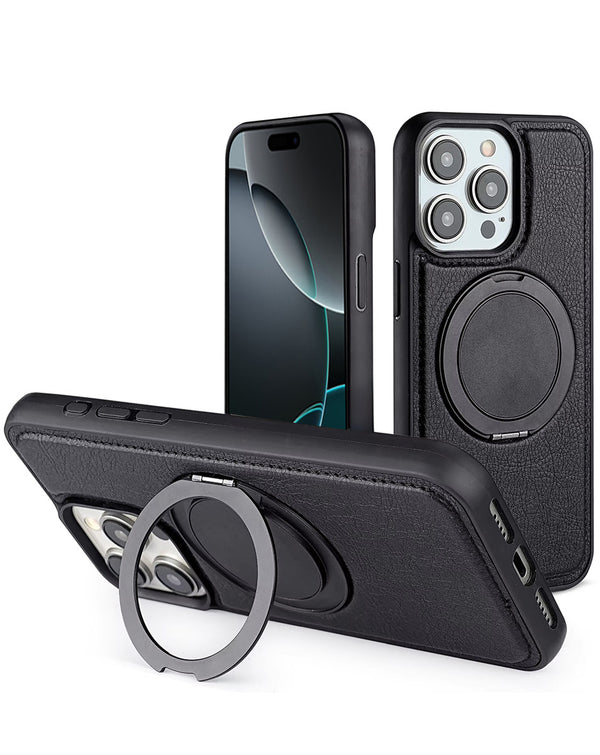 Funda de cuero delgada con soporte y carga inalámbrica para iPhone 15 Pro en Guatemala.