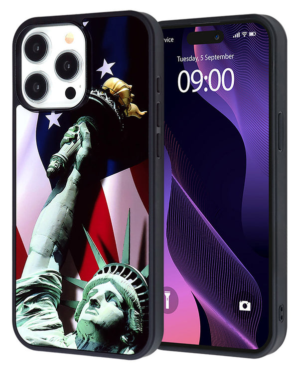 Funda de placa de aluminio impresa con diseño de la Estatua de la Libertad para iPhone 15 Pro en Guatemala.