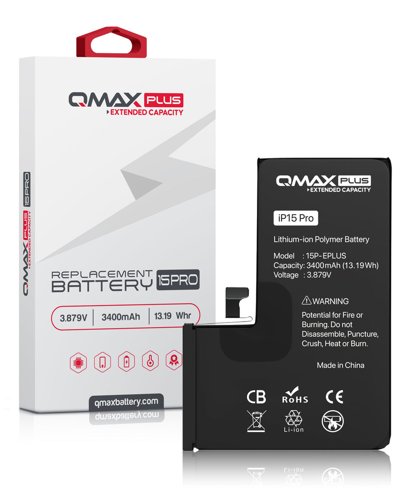 Encuentra la batería QMAX Plus iPhone 15 Pro de 3400 mAH en Guatemala para reparaciones y repuestos al por mayor.