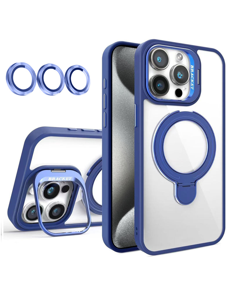 Funda transparente magnetica con 2 soporte y lente de camara iPhone 15 Pro (DARK BLUE)