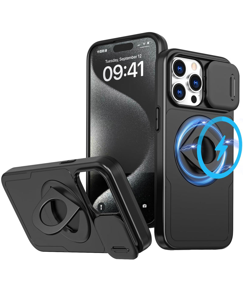 Encuentra el Estuche Ring Stand en Negro con cubierta deslizante para lente de cámara para iPhone 15 Pro en Guatemala.