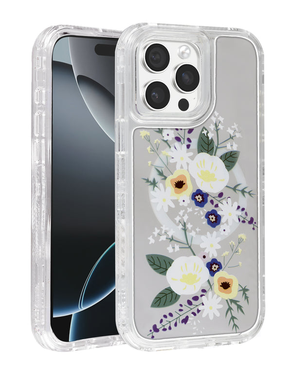 Funda transparente con diseño de flores y cargador inalámbrico para iPhone 15 Pro en Guatemala.