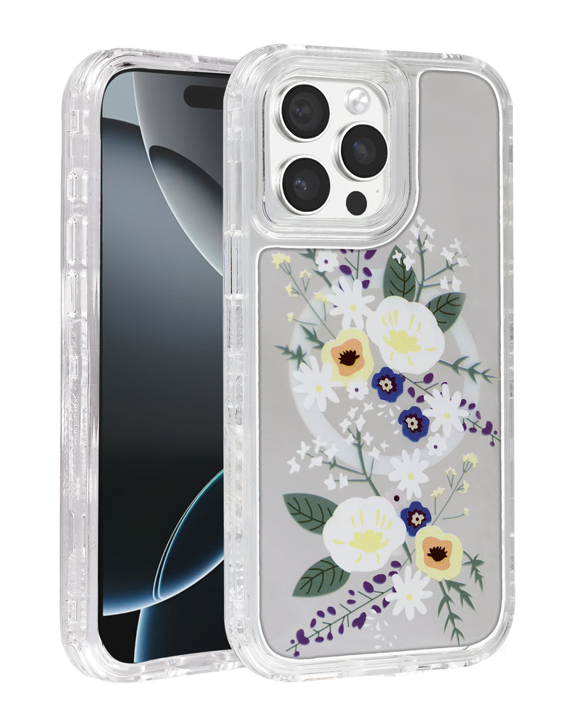 Funda transparente con diseño de flores y cargador inalámbrico para iPhone 15 Pro en Guatemala.