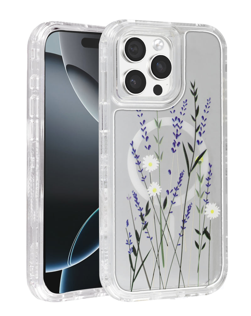 Compra la funda transparente Flower con cargador inalámbrico para iPhone 15 Pro en Guatemala al mejor precio mayorista.