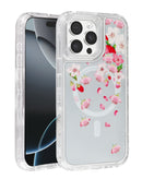 Encuentra el case transparente Flower Design con cargador inalámbrico para iPhone 15 Pro en Guatemala, ideal para proteger tu dispositivo y cargarlo de forma práctica.