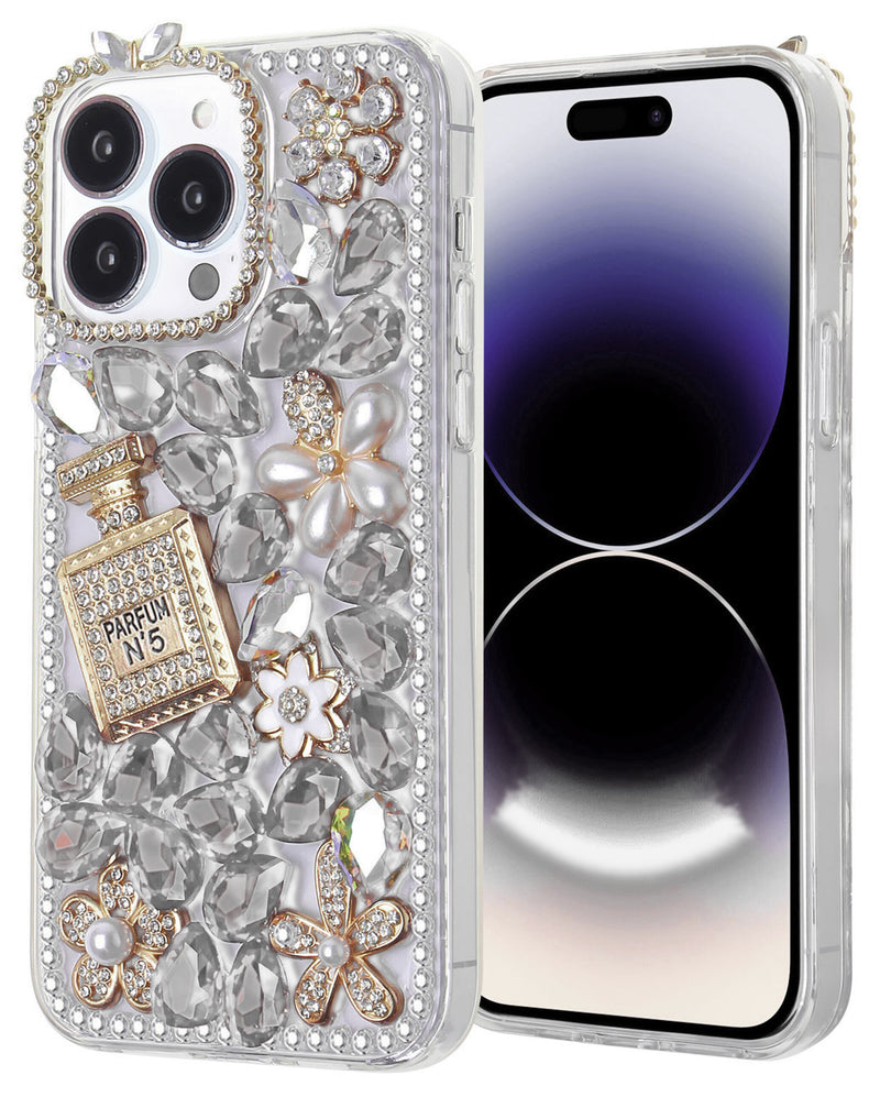 Encuentra la funda de silicona rígida Crystal Flower Perfume color plata para iPhone 15 Pro en Guatemala.