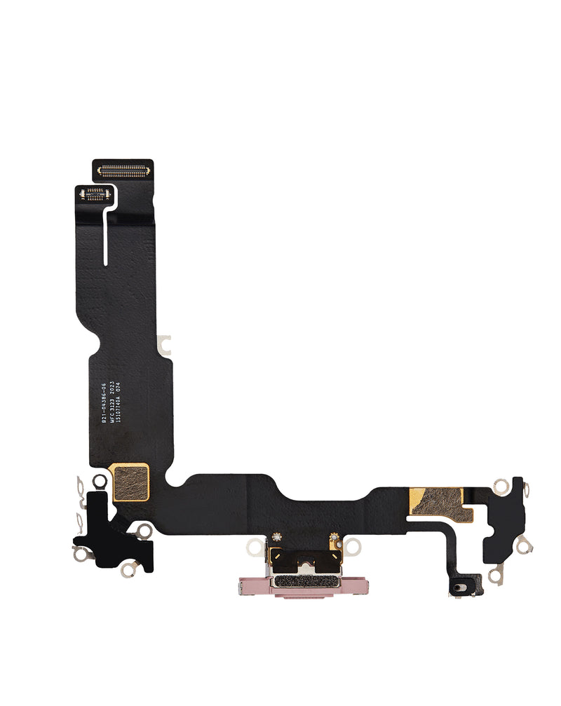 Tenemos el Puerto de carga flex para iPhone 15 Plus en color rosa en Guatemala, ideal para reparaciones en talleres al por mayor.