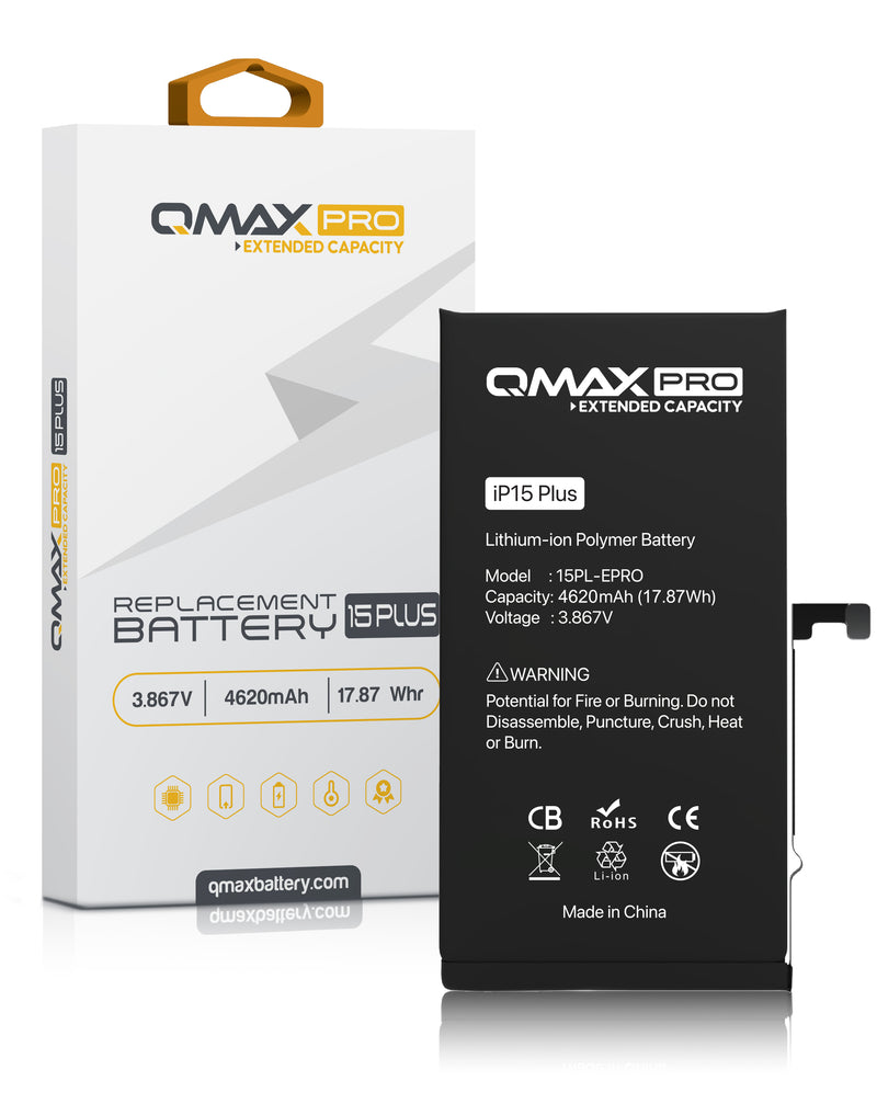 Batería extended capacity QMAX PRO para iPhone 15 Plus, disponible en Guatemala en talleres de reparación de baterías.