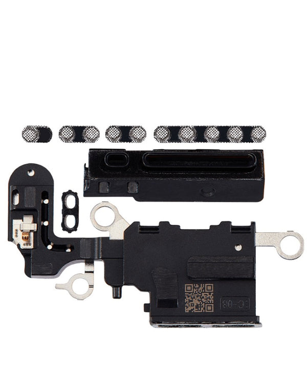 Paquete de 10 mallas de micrófono para iPhone 15 Plus en color negro, ideal para reparaciones y mayoristas en Guatemala.
