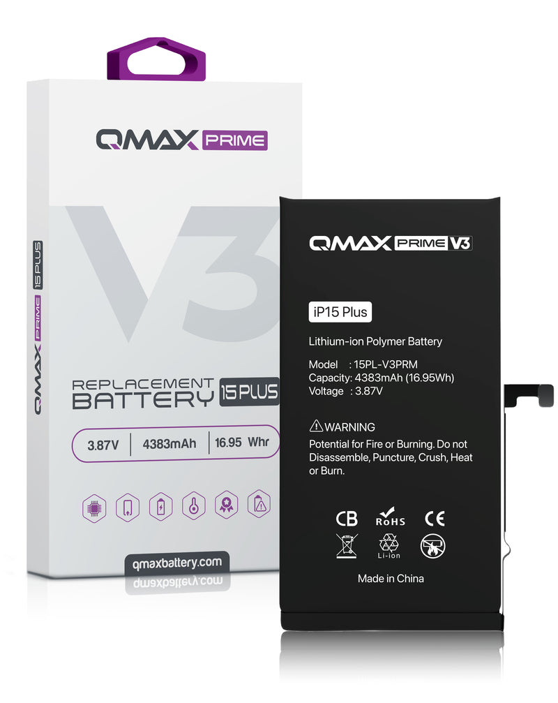 Encuentra la batería QMAX Prime V3 para iPhone 15 Plus en Guatemala, ideal para reparaciones e instalaciones en talleres mayoristas.
