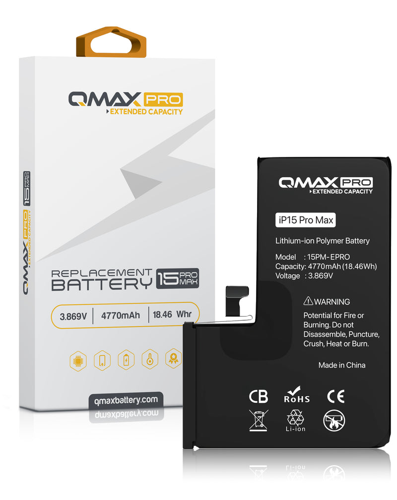 Reparación de batería iPhone 15 Pro Max con batería de alta capacidad QMAX PRO en Guatemala.