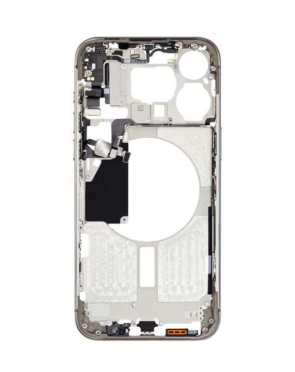 Reparación de marco central con piezas pequeñas para iPhone 15 Pro Max en Guatemala.