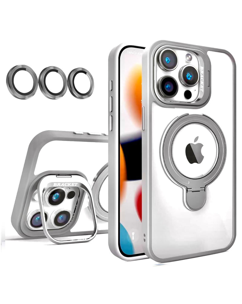 Encuentra la mejor funda transparente magnética con 2 soportes y lente de cámara para tu iPhone 15 Pro Max en Guatemala.