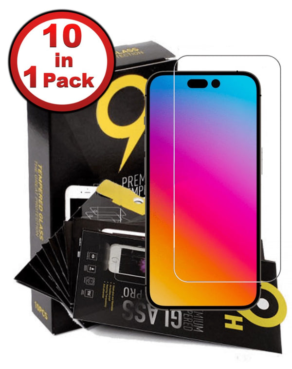 Protector de pantalla de vidrio templado claro para iPhone 15 Plus / 15 Pro Max en Guatemala, disponible en paquete de 10 piezas en un mayorista de accesorios móviles.